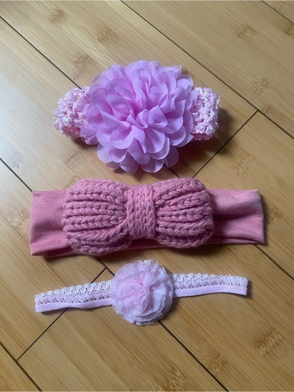Pink Baby Headband Set with Knit Bow and Flower Accents